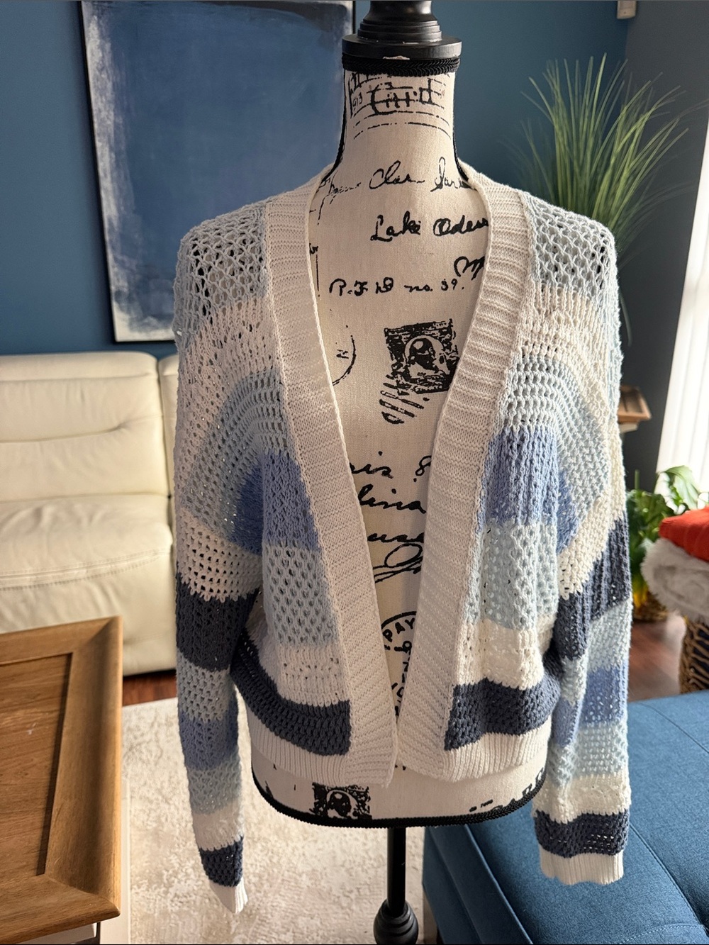 LeLis Open-Knit Striped V-Neck Cardigan - Blue, White, Navy